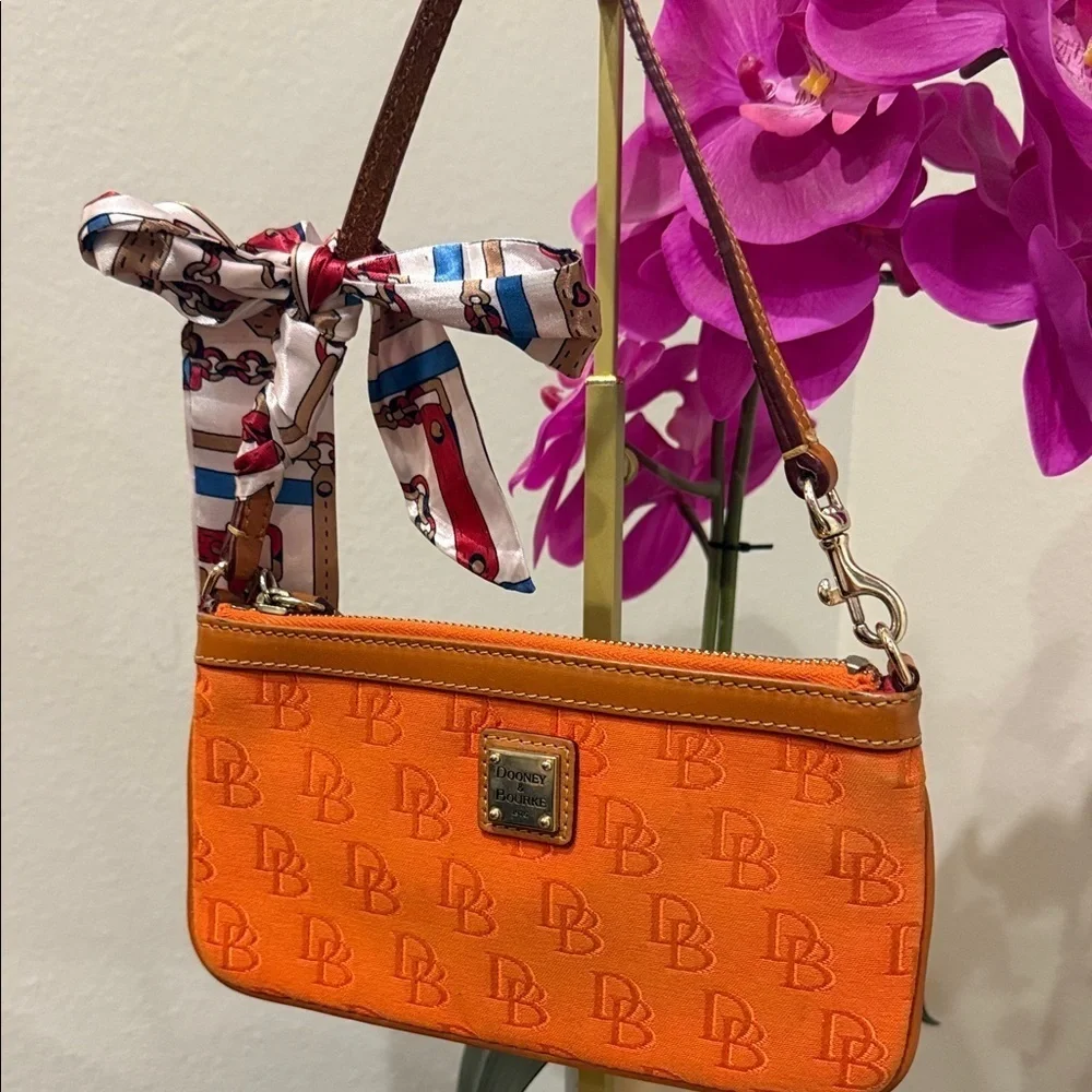 Dooney & Bourke Vibrant Orange Wristlet wallet bag designer purse vintage scarf